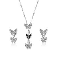 Rhinestone Zinc Alloy Jewelry Set, earring & necklace, with 1.9lnch extender chain, Butterfly, silver color plated, oval chain & for woman & enamel & with rhinestone  Approx 15.3 Inch 
