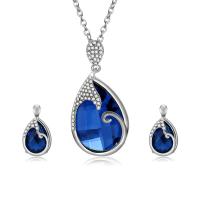 Zinc Alloy Jewelry Set, Stud Earring & necklace, with Crystal, with 1.97lnch extender chain, Teardrop, silver color plated, oval chain & for woman & faceted & with rhinestone  Approx 15.3 Inch 