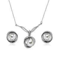 Zinc Alloy Jewelry Set, Stud Earring & necklace, with Plastic Pearl, with 1.7lnch extender chain, silver color plated, oval chain & for woman & with rhinestone  Approx 17.5 Inch 