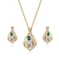 Zinc Alloy Jewelry Set, Stud Earring & necklace, with Glass Pearl, with 1.9lnch extender chain, gold color plated, oval chain & micro pave cubic zirconia & for woman  Approx 15.7 Inch 