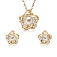 Zinc Alloy Jewelry Set, Stud Earring & necklace, with Glass Pearl, with 2.36lnch extender chain, Star, gold color plated, oval chain & micro pave cubic zirconia & for woman  Approx 16.9 Inch 