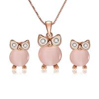 Zinc Alloy Jewelry Set, Stud Earring & necklace, with Cats Eye, with 2.1lnch extender chain, Owl, gold color plated, box chain & for woman & with rhinestone  Approx 15.5 Inch 