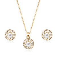 Zinc Alloy Jewelry Set, Stud Earring & necklace, with Glass Pearl, with 0.8lnch extender chain, gold color plated, oval chain & micro pave cubic zirconia & for woman  Approx 15.9 Inch 
