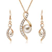 Zinc Alloy Jewelry Set, earring & necklace, with Glass Pearl, with 2.17lnch extender chain, gold color plated, oval chain & micro pave cubic zirconia & for woman  Approx 15.7 Inch 
