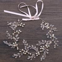 Zinc Alloy Headband, with ABS Plastic Pearl & Satin Ribbon & Crystal, silver color plated, for bridal & faceted, lead & cadmium free, 410mm 