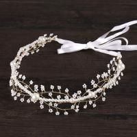 Zinc Alloy Headband, with ABS Plastic Pearl & Satin Ribbon, gold color plated, for bridal, lead & cadmium free, 420mm 
