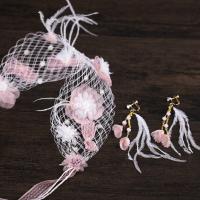 Zinc Alloy Hair Jewelry Set, Headband & earring, with ABS Plastic Pearl & Gauze & Feather & Satin Ribbon, gold color plated, for bridal & with rhinestone, lead & cadmium free 