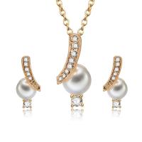 Zinc Alloy Jewelry Set, Stud Earring & necklace, with Glass Pearl, with 1.97lnch extender chain, gold color plated, oval chain & micro pave cubic zirconia & for woman  Approx 15.8 Inch 