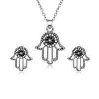 Cubic Zirconia Zinc Alloy Jewelry Sets, Stud Earring & necklace, with 1.97lnch extender chain, Hamsa, silver color plated, oval chain & micro pave cubic zirconia & for woman  Approx 15.6 Inch 