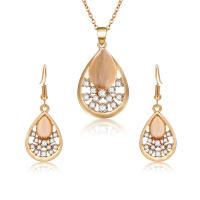 Zinc Alloy Jewelry Set, earring & necklace, with Cats Eye, with 1.97lnch extender chain, Teardrop, gold color plated, oval chain & micro pave cubic zirconia & for woman & hollow  Approx 15.7 Inch 