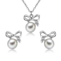 Zinc Alloy Jewelry Set, Stud Earring & necklace, with Plastic Pearl, with 2.75lnch extender chain, Bowknot, plated, oval chain & for woman Approx 17.7 Inch 