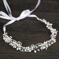 Zinc Alloy Headband, with ABS Plastic Pearl & Satin Ribbon & Crystal, silver color plated, for bridal & faceted & with rhinestone, lead & cadmium free 