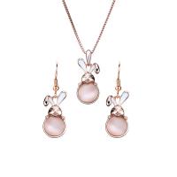 Zinc Alloy Jewelry Set, earring & necklace, with Cats Eye, with 2.24lnch extender chain, Rabbit, rose gold color plated, box chain & for woman & enamel Approx 15.3 Inch 
