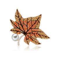 Zinc Alloy Brooch, with ABS Plastic Pearl, Leaf, gold color plated, for woman & enamel & with rhinestone, lead & cadmium free 
