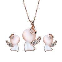 Zinc Alloy Jewelry Set, Stud Earring & necklace, with Cats Eye, with 1.96lnch extender chain, Angel, rose gold color plated, box chain & for woman & with rhinestone  Approx 17.3 Inch 