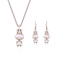 Zinc Alloy Jewelry Set, earring & necklace, with Cats Eye, with 2.5lnch extender chain, Rabbit, rose gold color plated, box chain & for woman  Approx 16.1 Inch 