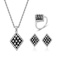Cubic Zirconia Zinc Alloy Jewelry Sets, Stud Earring & finger ring & necklace, with 2.3lnch extender chain, Rhombus, silver color plated, rope chain & micro pave cubic zirconia & for woman & enamel   US Ring .5 Approx 17.1 Inch 