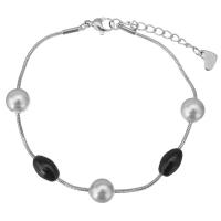 Stainless Steel Bracelet, with Glass Pearl, with 1.5Inch extender chain, plated, snake chain & for woman  1mm Approx 6.5 Inch 