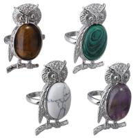 Gemstone Brass Finger Ring, with Gemstone, Owl, silver color plated & Unisex US Ring 