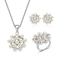 Zinc Alloy Jewelry Set, Stud Earring & finger ring & necklace, with Plastic Pearl, with 2.3lnch extender chain, Flower, silver color plated, rope chain & for woman   US Ring .5-8 Approx 16.9 Inch 