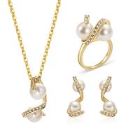 Zinc Alloy Jewelry Set, finger ring & earring & necklace, with Plastic Pearl, with 2.5lnch extender chain, gold color plated, oval chain & for woman & with rhinestone   US Ring .5-8 Approx 16.3 Inch 