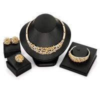 Rhinestone Zinc Alloy Jewelry Set, Stud Earring & collar & bangle & finger ring, Flower, gold color plated, bar chain & for woman & enamel & with rhinestone  30mm, Inner Approx 130mm, 60mm, US Ring .5-8 