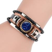 PU Leather Bracelet, with Paper & Glass & Wood & Zinc Alloy, with 3.1inch extender chain, plated, Zodiac symbols jewelry & time gem jewelry & for man, 14mm Approx 7 Inch 