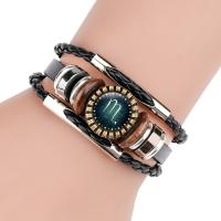 PU Leather Bracelet, with Paper & Glass & Wood & Zinc Alloy, plated, Zodiac symbols jewelry & time gem jewelry & for man, 14mm Approx 7 Inch 