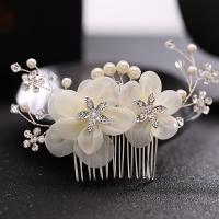 Bridal Decorative Hair Comb, Zinc Alloy, with Silk Flower & ABS Plastic Pearl & Crystal, silver color plated, for bridal & faceted & with rhinestone, lead & cadmium free 