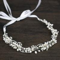 Zinc Alloy Headband, with ABS Plastic Pearl & Satin Ribbon, silver color plated, for bridal & with rhinestone, lead & cadmium free 