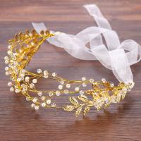 Zinc Alloy Headband, with ABS Plastic Pearl & Satin Ribbon & Crystal, gold color plated, for bridal & faceted, lead & cadmium free 
