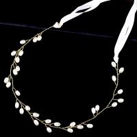 Zinc Alloy Headband, with ABS Plastic Pearl & Satin Ribbon, gold color plated, for bridal, lead & cadmium free 