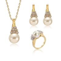 Zinc Alloy Jewelry Set, finger ring & earring & necklace, with Plastic Pearl, with 2.08lnch extender chain, gold color plated, oval chain & for woman & with rhinestone, 31mm  US Ring .5 Approx 17.5 Inch 