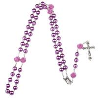 Plastic Pearl Rosary Necklace, with Resin & Zinc Alloy, with 6inch extender chain, Cross, silver color plated, for woman, 8mm Approx 27.5 Inch 