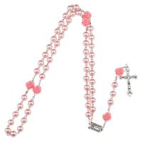 Glass Pearl Rosary Necklace, with Resin & Zinc Alloy, with 6inch extender chain, Cross, silver color plated, Christian Jewelry & for woman, pink, 8mm Approx 27.5 Inch 