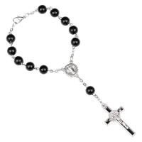 Glass Pearl Pray Beads Bracelet, with Zinc Alloy, with 3.5inch extender chain, Cross, silver color plated, Christian Jewelry & for woman & enamel, black, 8mm Approx 7 Inch 