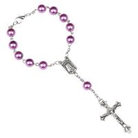 Glass Pearl Pray Beads Bracelet, with Zinc Alloy, with 3.5inch extender chain, Cross, silver color plated, Unisex & Christian Jewelry 8mm Approx 7 Inch 