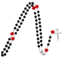 Glass Pearl Rosary Necklace, with Resin & Zinc Alloy, with 6inch extender chain, Cross, silver color plated, Unisex & Christian Jewelry, black, 8mm Approx 27.5 Inch 