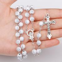 Rosary Necklace, Acrylic, with Zinc Alloy, with 6inch extender chain, Cross, silver color plated, Unisex & Christian Jewelry, white, 8mm Approx 27.5 Inch 