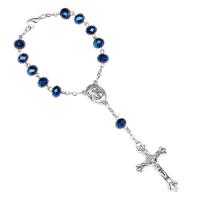 perle de verre Bracelet de perles de prière, avec alliage de zinc, avec 3.5inch chaînes de rallonge, croix, Placage de couleur argentée, unisexe & bijoux Christian, bleu Environ 7 pouce, Vendu par brin