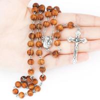 Wood Rosary Necklace, with Zinc Alloy, Cross, silver color plated, Unisex & Christian Jewelry, 8mm Approx 27.5 Inch 