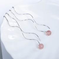925 Sterling Silver Thread Through Earrings, with Strawberry Quartz, platinum plated, for woman 40mm, 45mm 
