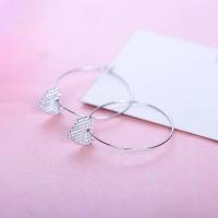 Sterling Silver Hoop Earring, 925 Sterling Silver, Heart, platinum plated, for woman & with rhinestone 29mm 