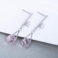 925 Sterling Silver Drop Earring, with Rose Quartz, platinum plated, twist oval chain & for woman & with rhinestone 18mm 