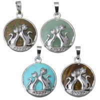Gemstone Brass Pendants, with Gemstone, Cat, silver color plated Approx 