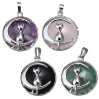 Gemstone Brass Pendants, with Gemstone, Flat Round, silver color plated Approx 