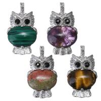 Gemstone Brass Pendants, with Gemstone, Owl, silver color plated & with rhinestone Approx Inner Approx 2mm 