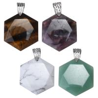 Gemstone Brass Pendants, with Gemstone, Hexagon, silver color plated Approx 