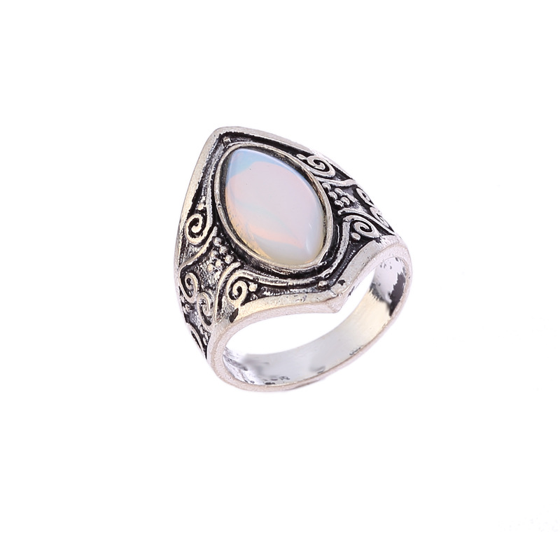 aleación de zinc anillo, con Ópalo marino, chapado en color de plata antigua, diverso tamaño para la opción & para mujer, Vendido por UD