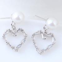 Brass Drop Earring, with ABS Plastic Pearl, Heart, platinum plated, for woman & with cubic zirconia, nickel, lead & cadmium free 